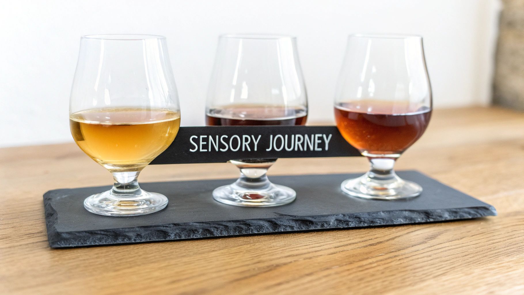 Three glasses with different colored bourbon liquids, labeled 'SENSORY JOURNEY', on a black slate tray.