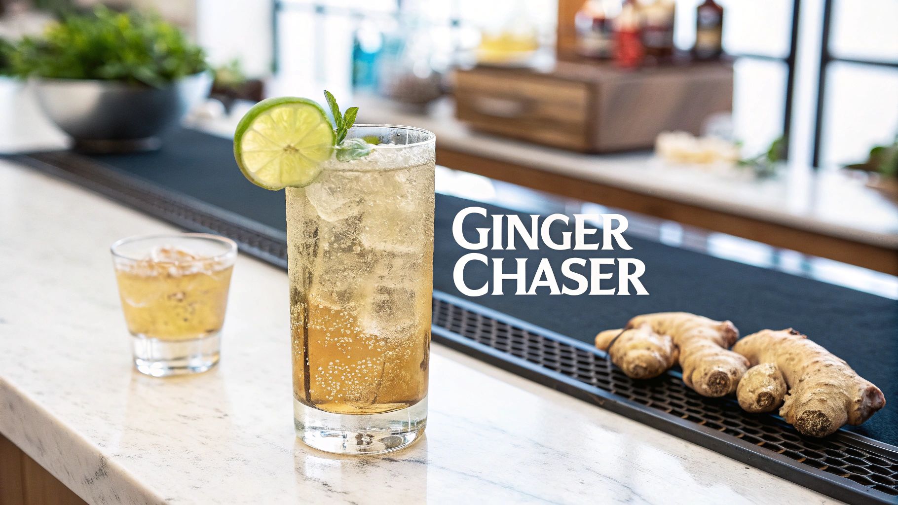 A refreshing ginger chaser cocktail with ice, lime, and mint, next to fresh ginger roots on a bar.