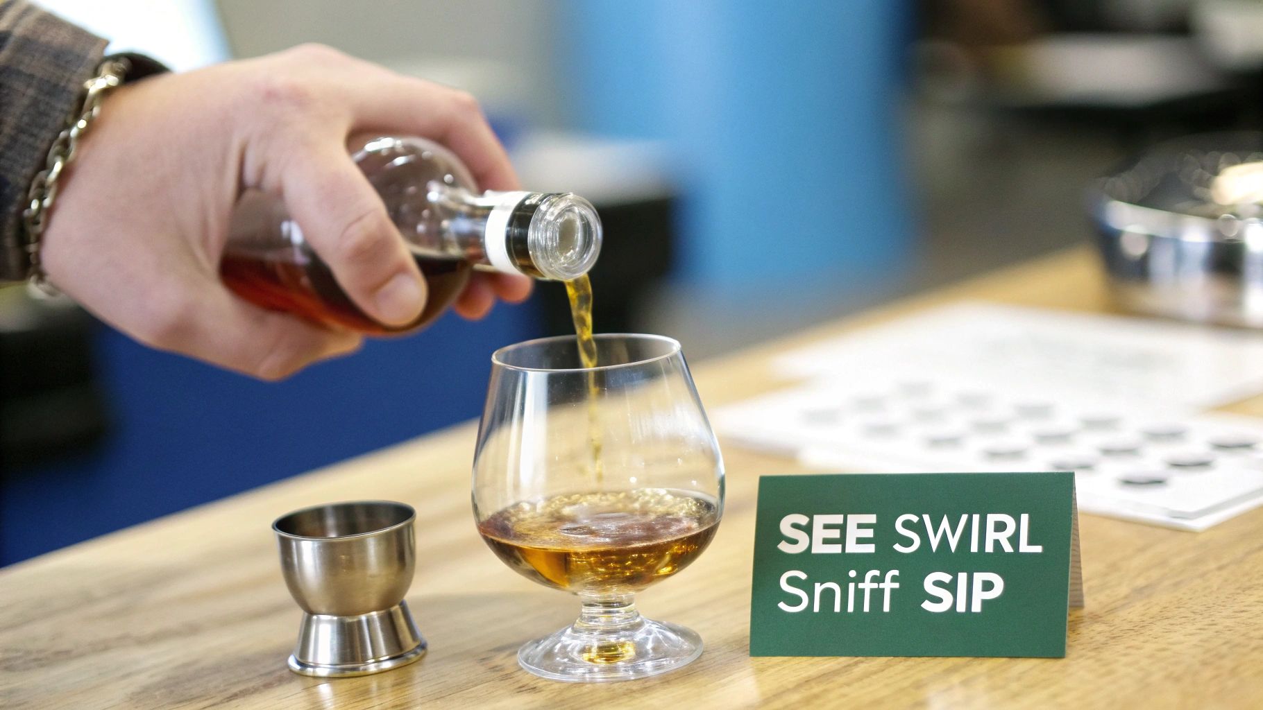 A person carefully pouring a whiskey sample into a Glencairn glass.