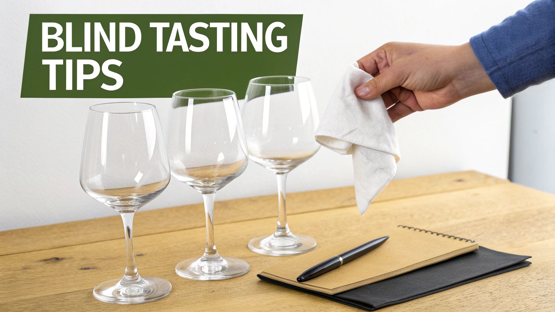 Three empty wine glasses, a notebook, pen, and a hand with a cloth for blind tasting tips.
