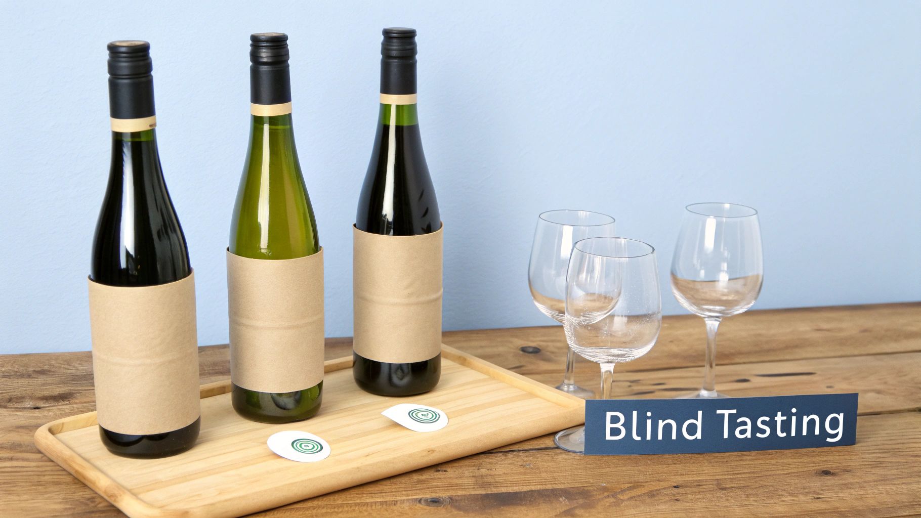 A blind wine tasting setup with three unlabeled bottles, three glasses, and a "Blind Tasting" sign.