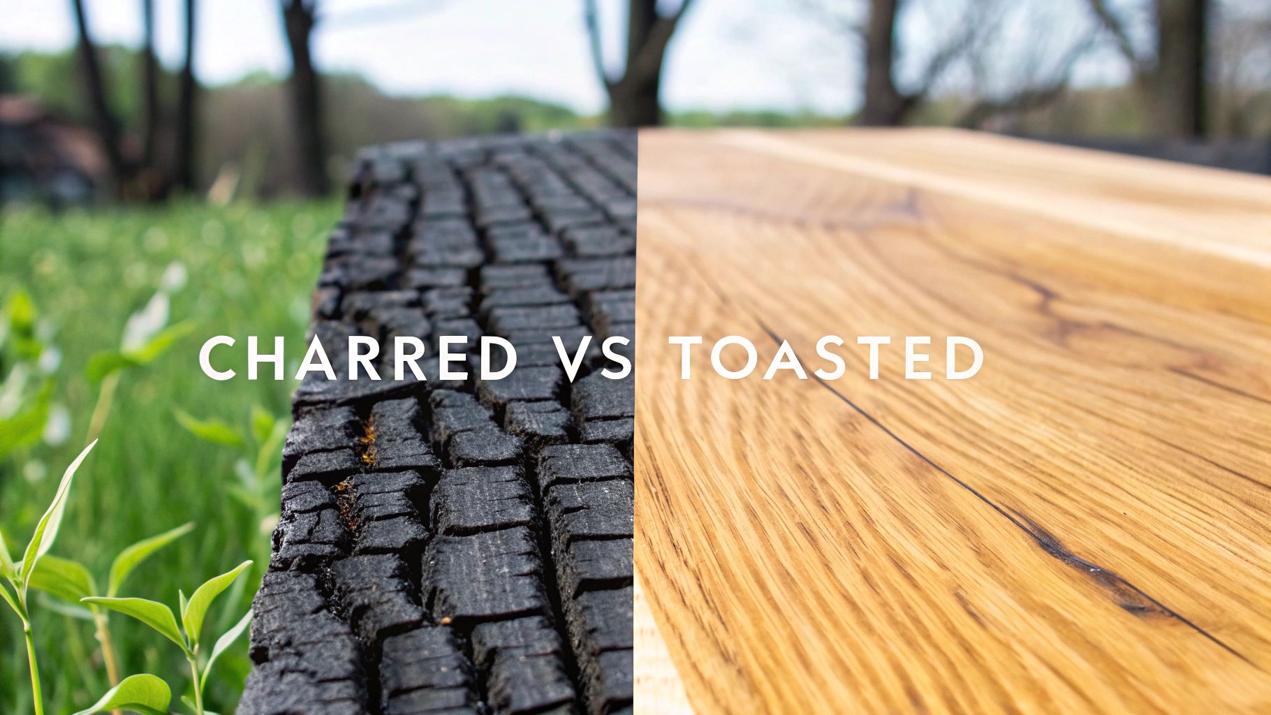 Close-up comparison of rough, black charred wood and smooth, light toasted wood, with text 'CHARRED VS TOASTED'.
