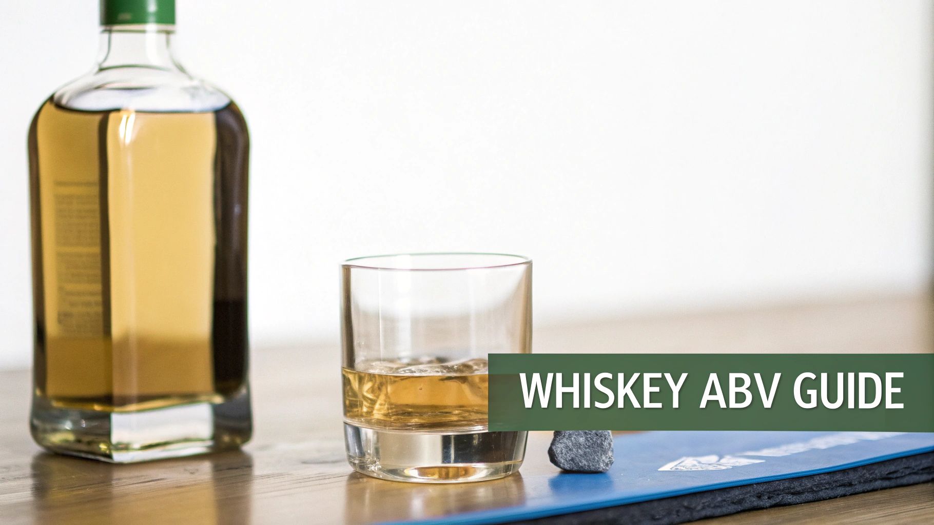 A clear bottle of whiskey and a glass with ice on a wooden table, featuring 'WHISKEY ABV GUIDE' text.