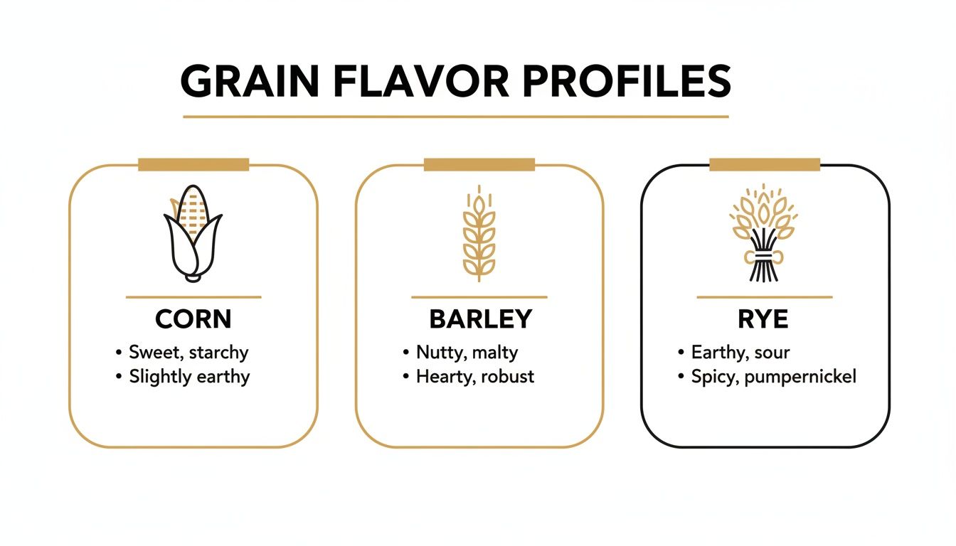 Infographic detailing flavor profiles for corn, barley, and rye grains, highlighting their unique characteristics.
