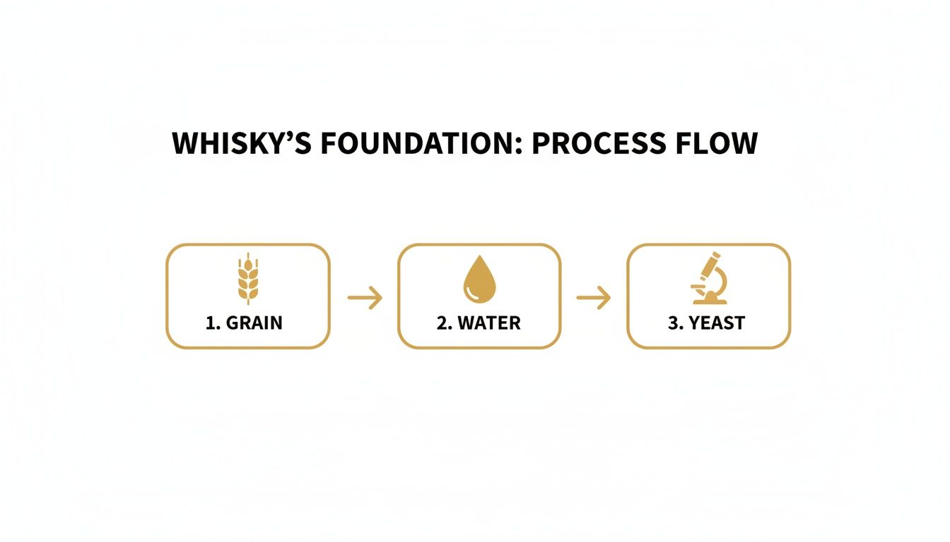 Diagram showing the three foundational ingredients for whisky production: grain, water, and yeast.