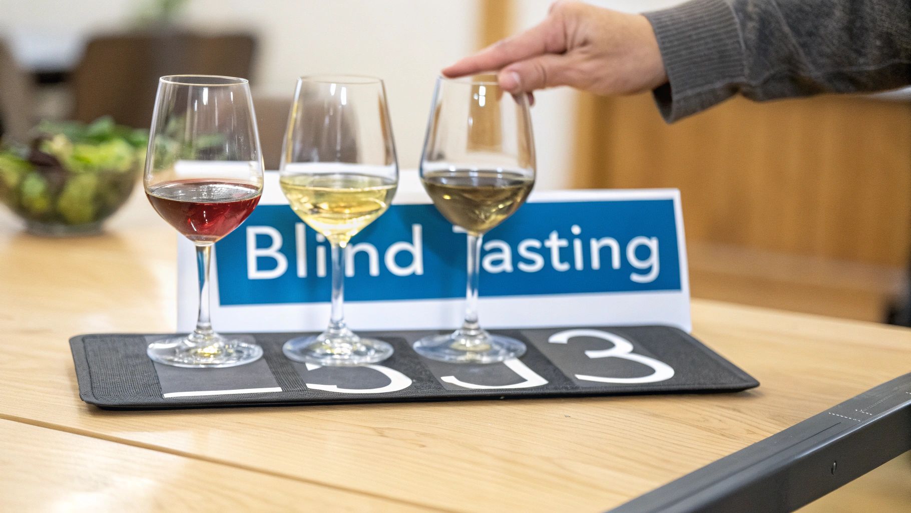 A hand points to one of three wine glasses during a blind tasting session.