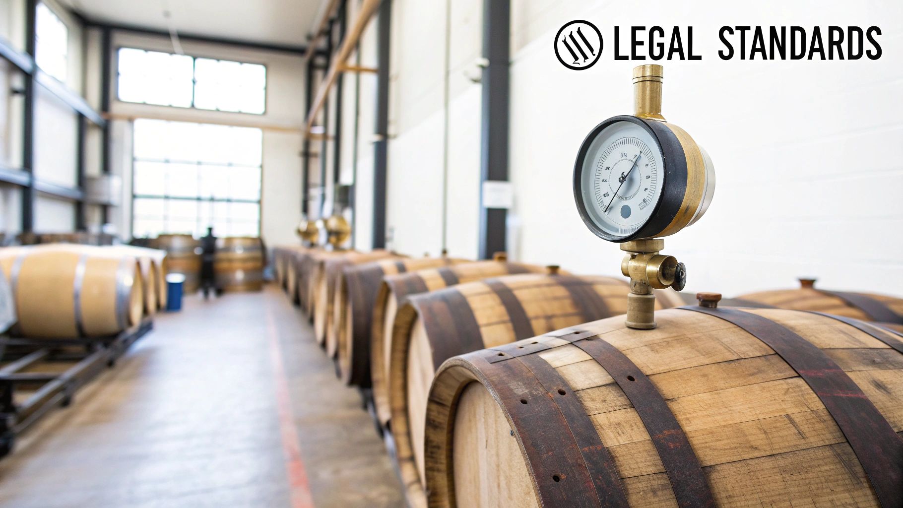 Long rows of wooden aging barrels in a distillery warehouse, with a pressure gauge visible.