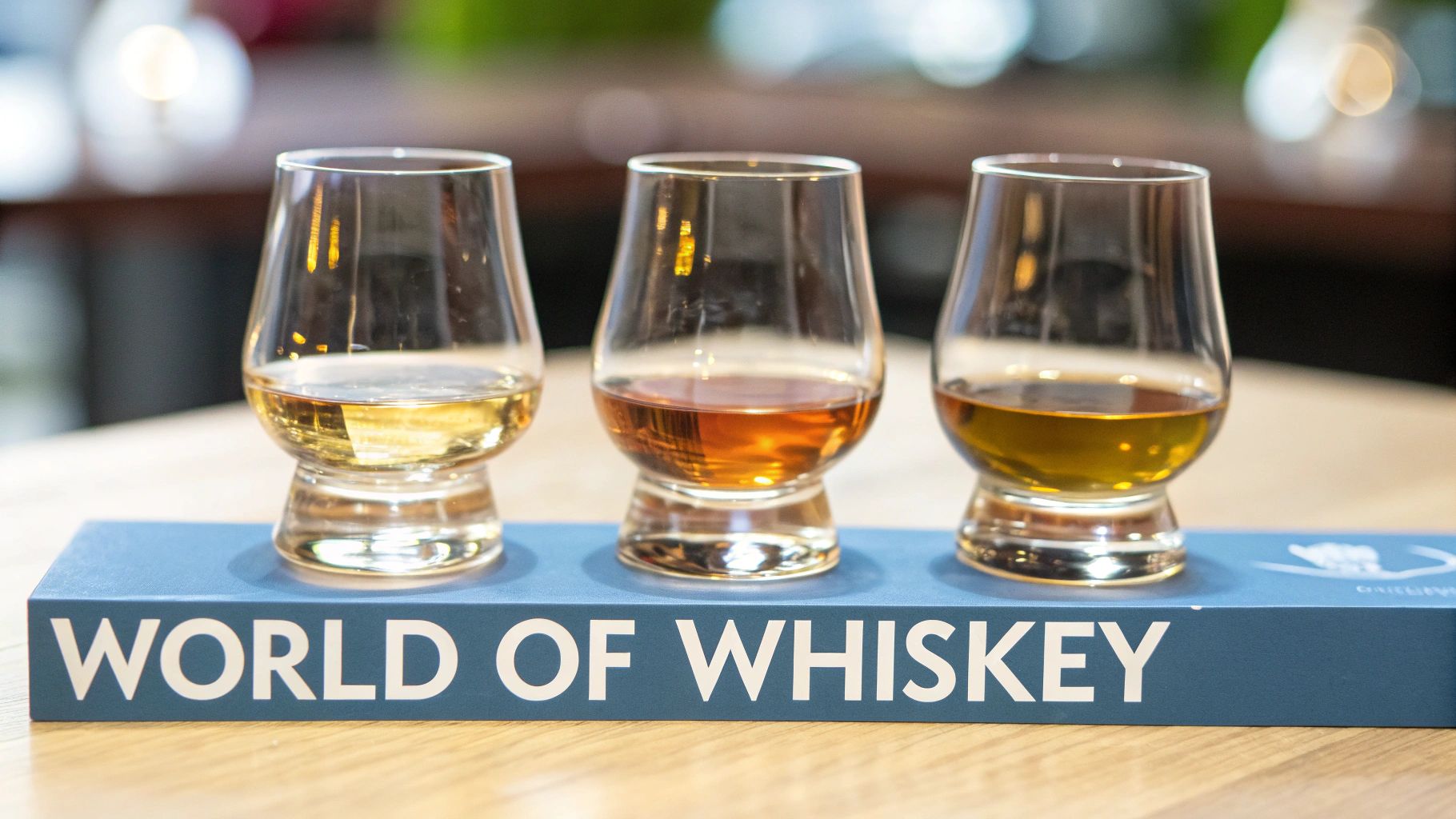 Three glasses of whiskey, light to dark, displayed on a 'WORLD OF WHISKEY' tasting board.