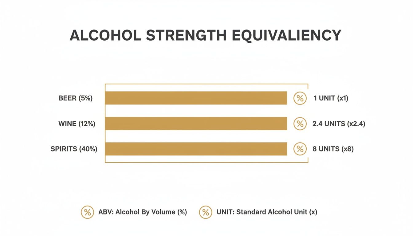 An infographic illustrating the equivalent alcohol units for beer, wine, and spirits by volume percentage.