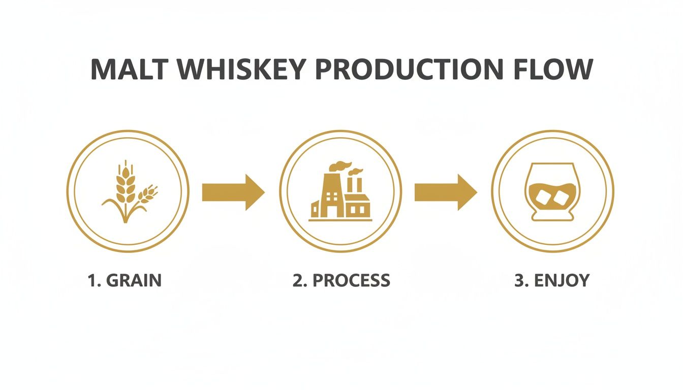 Flowchart detailing the malt whiskey production process from grain to final enjoyment.