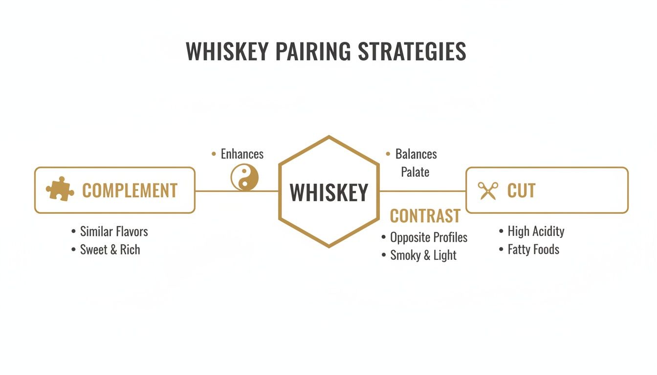 Whiskey pairing strategies diagram explaining complement, contrast, and cut methods with flavor profile examples.