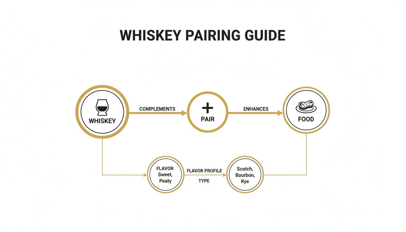 A flowchart explaining whiskey pairing guide, showing how whiskey complements and enhances food.