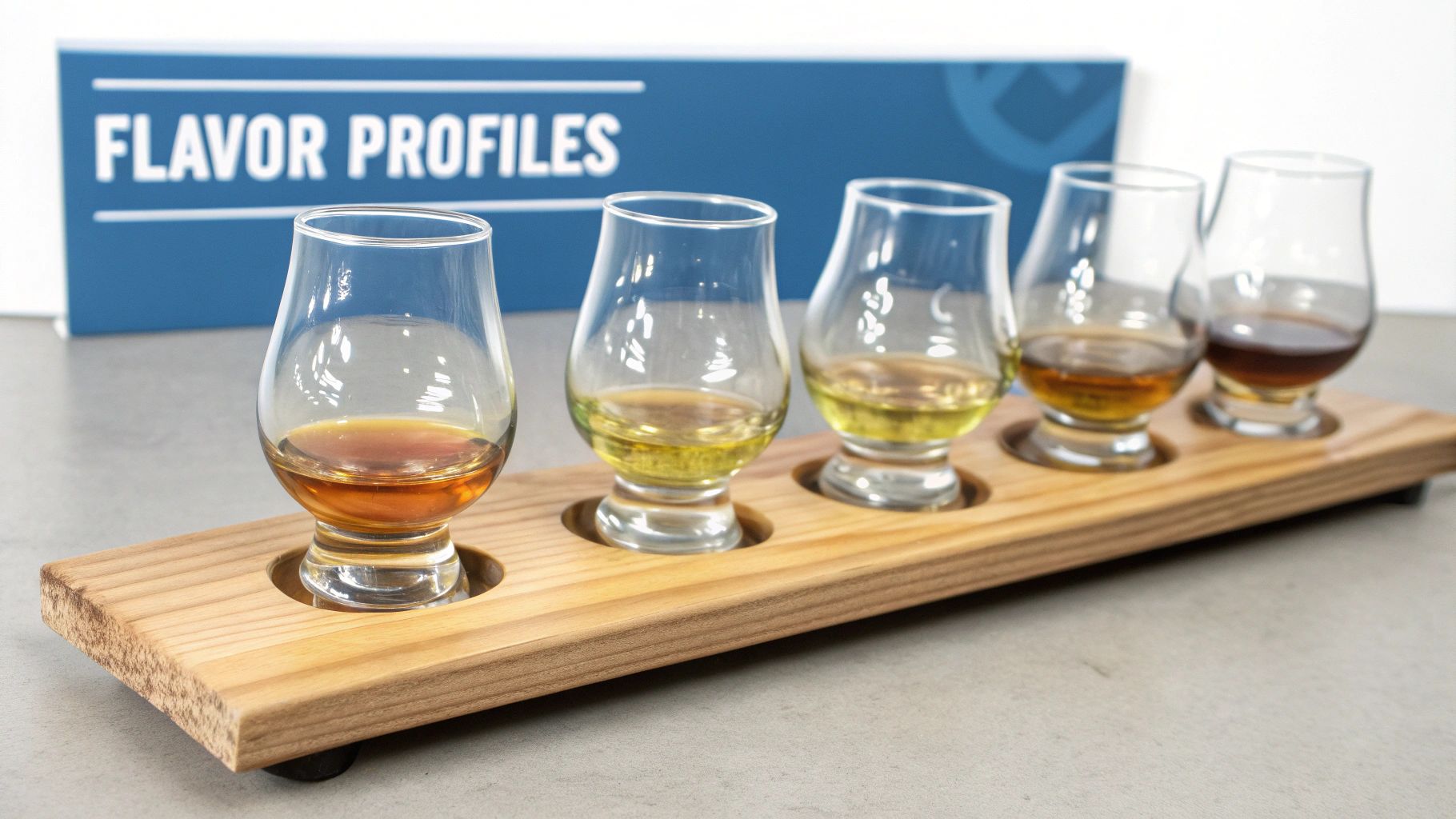 Five glasses of whisky, showing different colors, arranged on a wooden tasting flight tray, with a "Flavor Profiles" sign visible in the background.