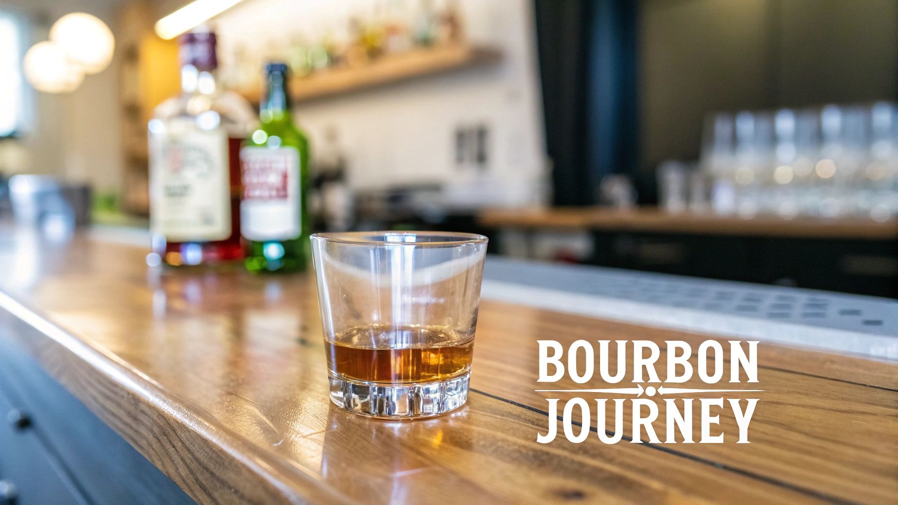 A glass of bourbon sitting on a barrel in a whiskey distillery.