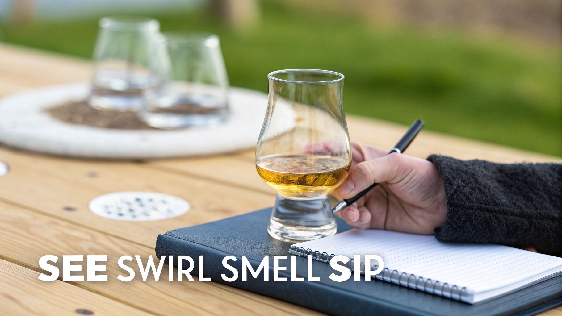A hand holds a whiskey glass next to a notebook and pen on a wooden table, suggesting a tasting.