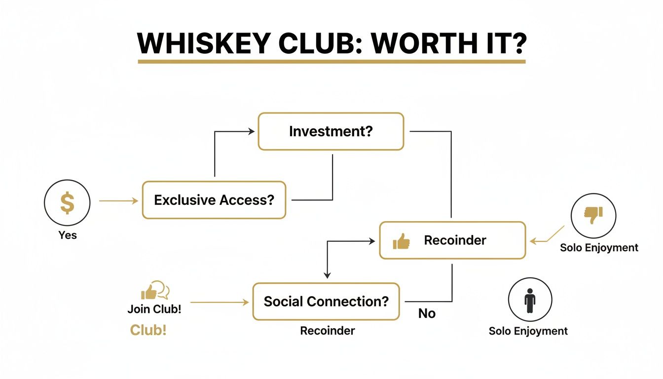 A flowchart asking 'Whiskey Club: Worth It?' explores investment, exclusive access, social connection, and solo enjoyment.