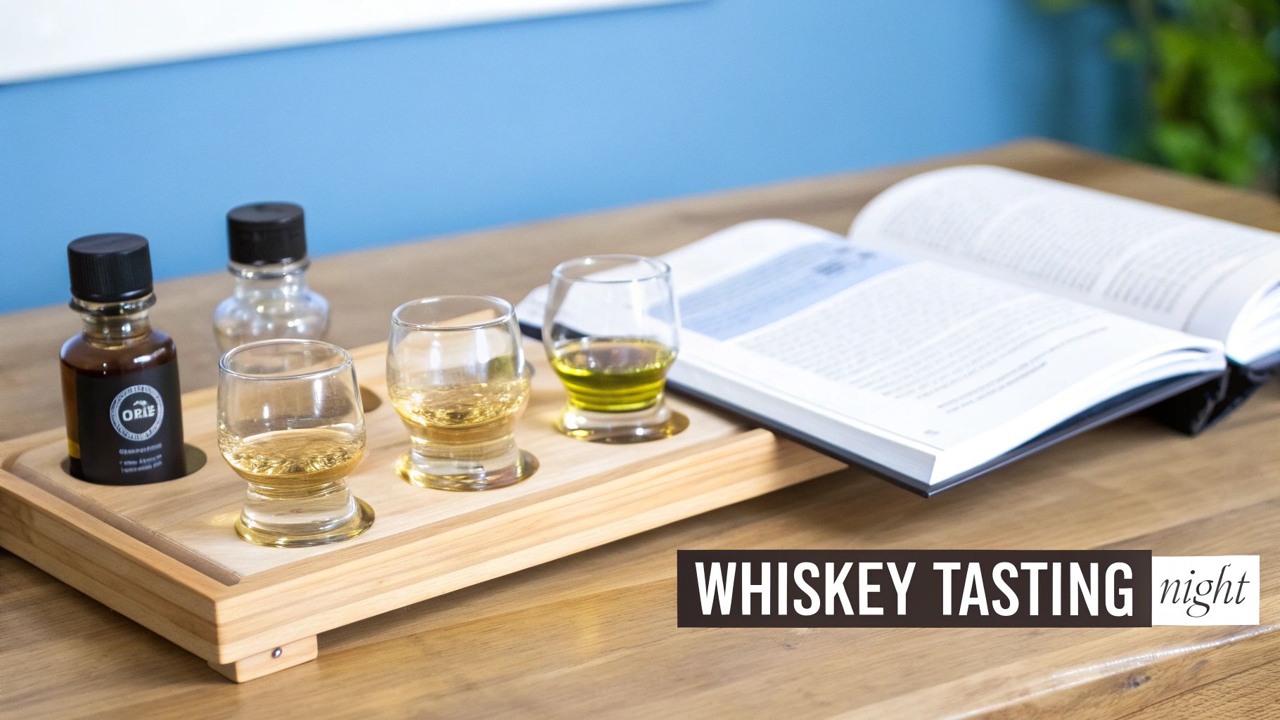 A wooden tray with small whiskey glasses and bottles, alongside an open book on a table, for a whiskey tasting event.