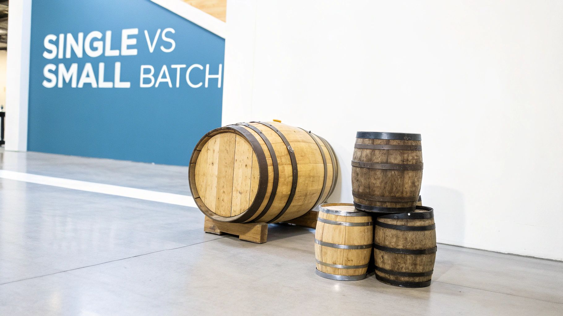 A large and several smaller wooden barrels used for aging, next to a 'SINGLE VS SMALL BATCH' sign.