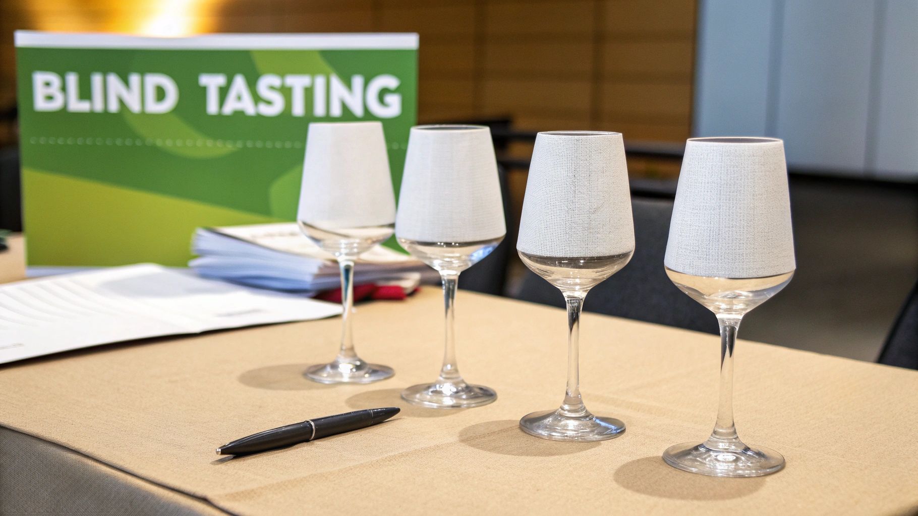 Table set with four covered wine glasses, a pen, and papers for a blind tasting event.