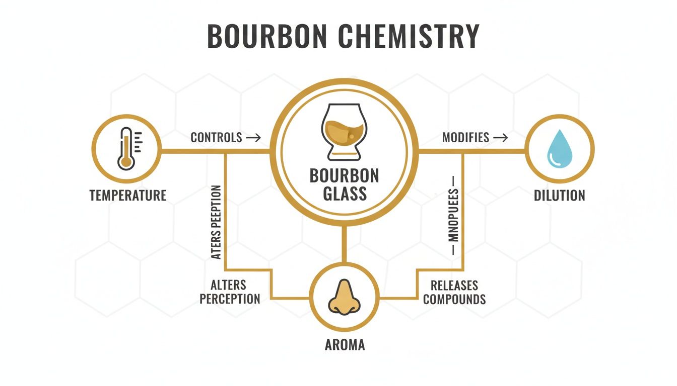 A diagram titled "Bourbon Chemistry" illustrates how temperature, dilution, and aroma influence bourbon perception in a glass.
