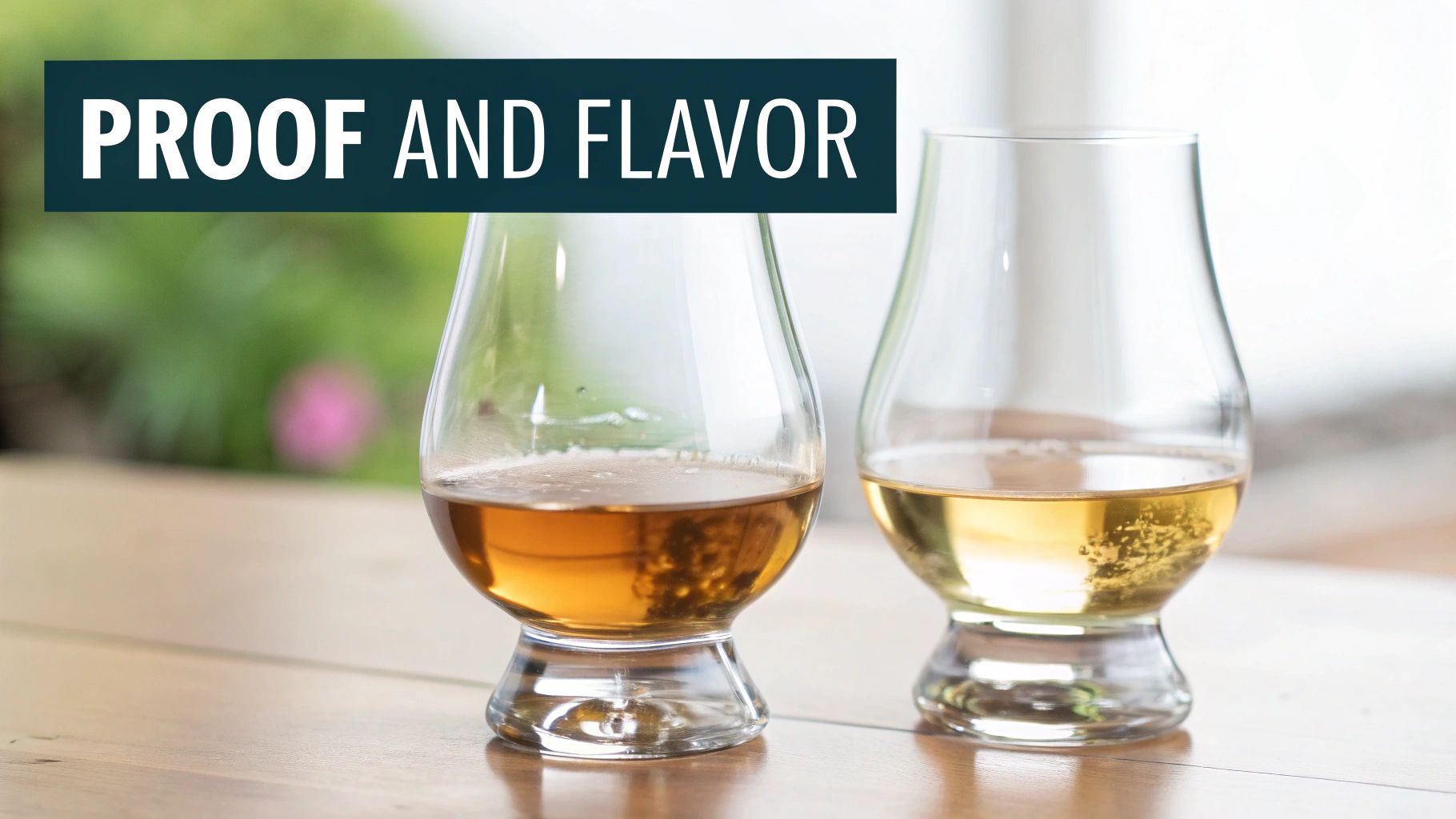 Two Glencairn glasses of varying amber spirits on a wooden table with 'PROOF AND FLAVOR' text.