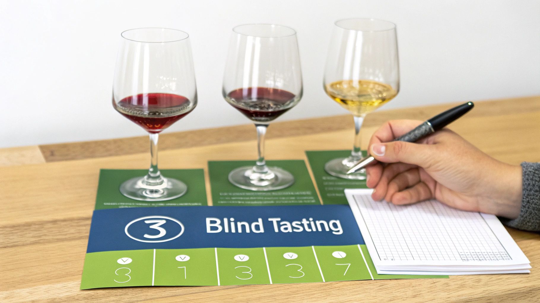 A person takes notes during a blind wine tasting with three glasses of wine on a wooden table.