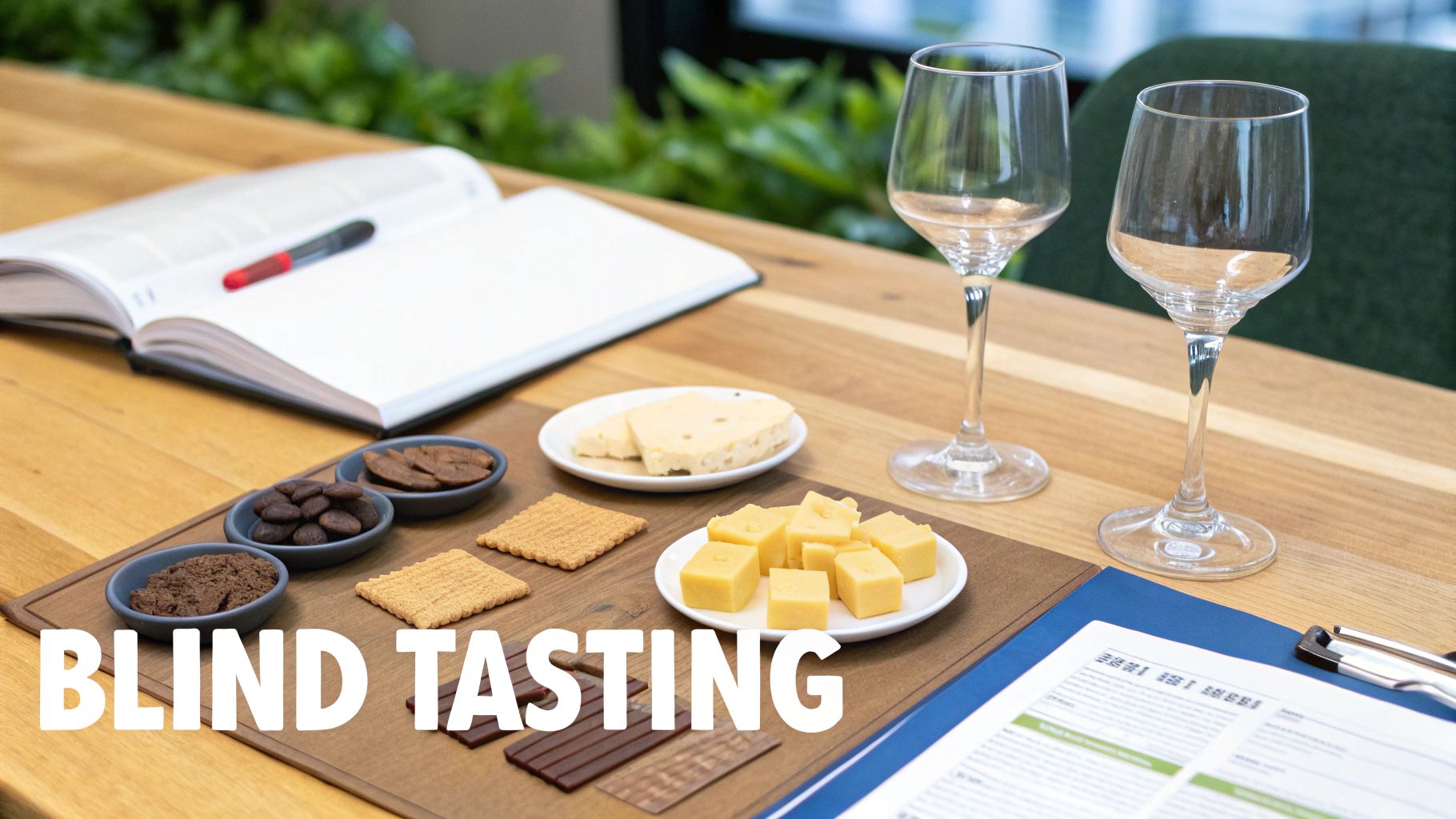 A table set for a blind tasting with various food samples, wine glasses, and a notebook.