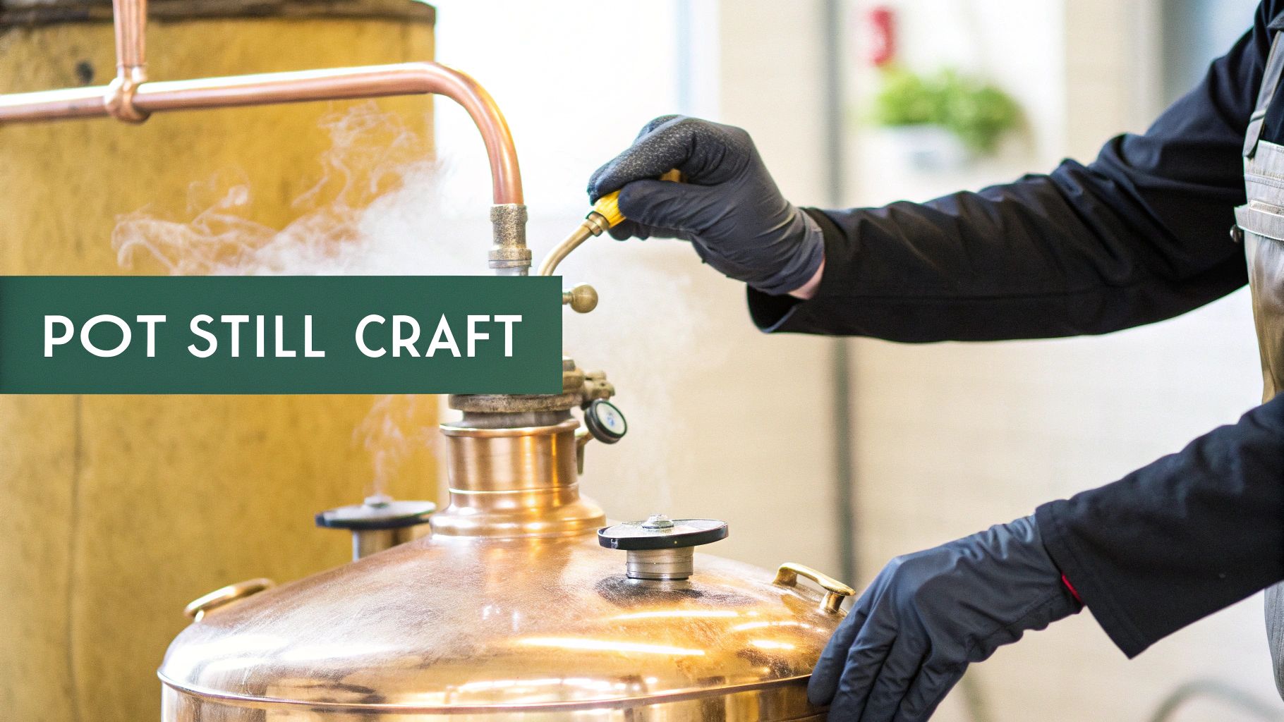 Craftsman wearing black gloves operating copper pot still distillation equipment for spirits production