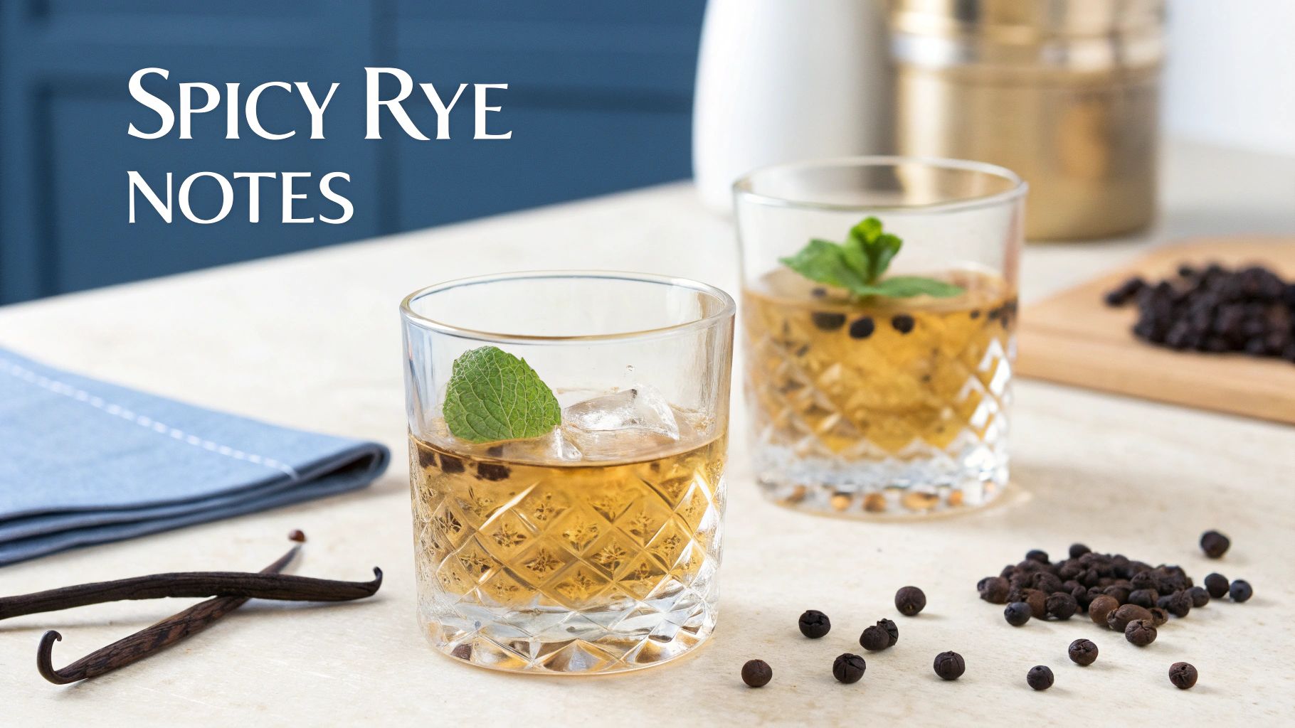 Two glasses of spicy rye drink with mint, ice, vanilla beans, and peppercorns on a light surface.