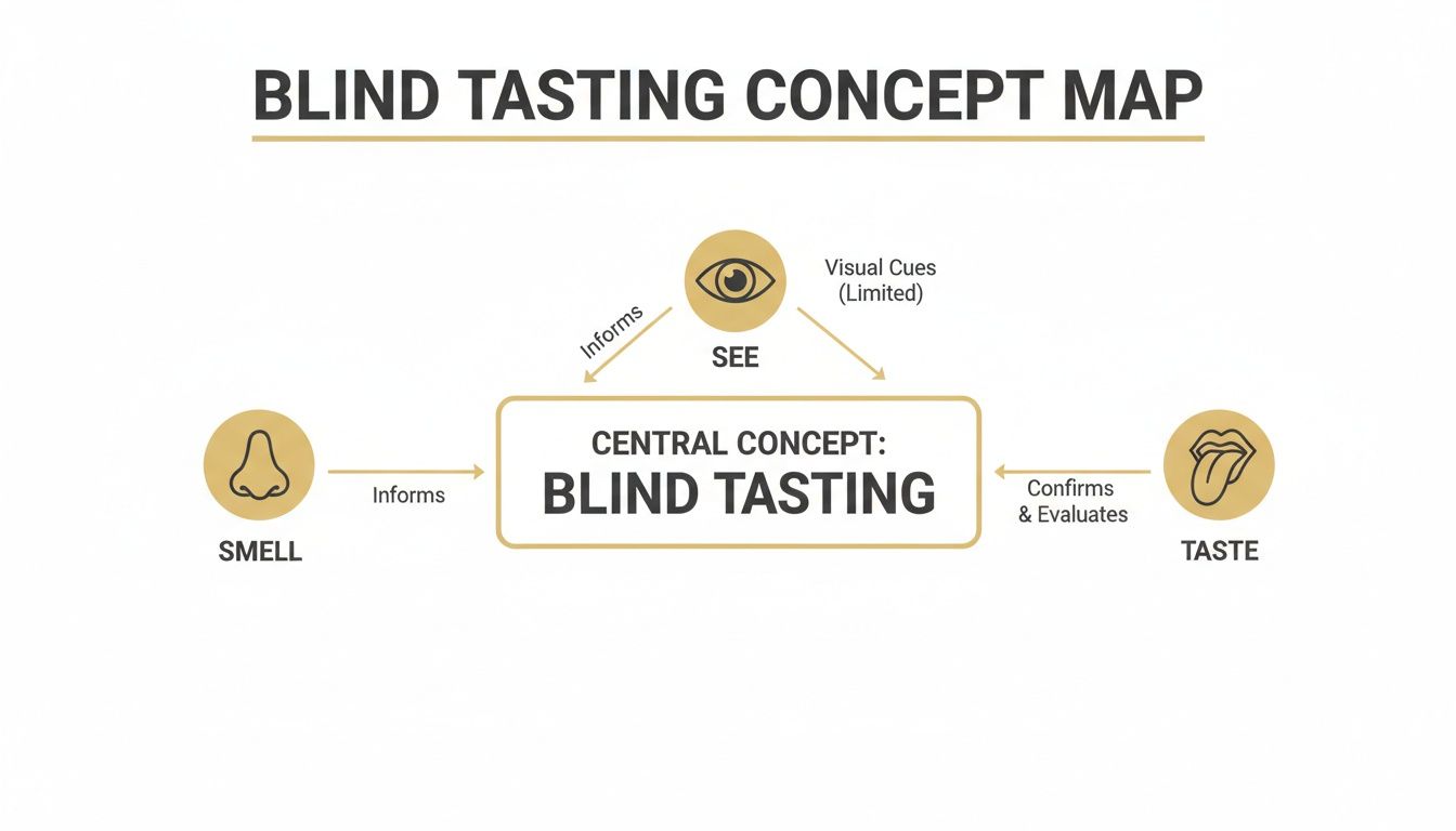 A concept map for blind tasting, detailing the roles of smell, limited visual cues, and taste perception.