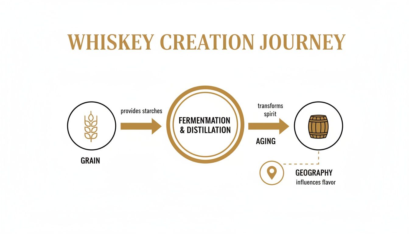 Flowchart illustrating the whiskey creation journey from grain, through fermentation and distillation, to aging in barrels, influenced by geography.