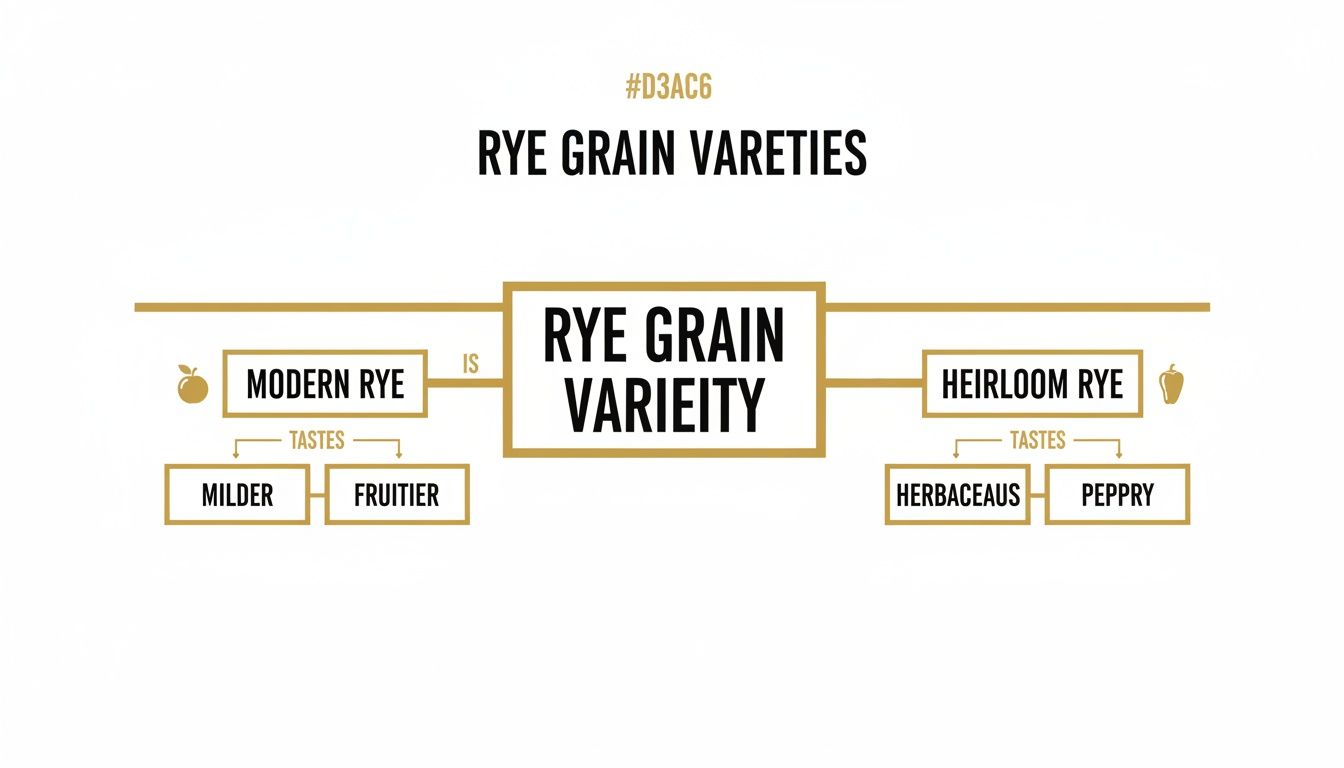 Diagram illustrating two main rye grain varieties: Modern Rye (milder, fruitier) and Heirloom Rye (herbaceous, peppery).