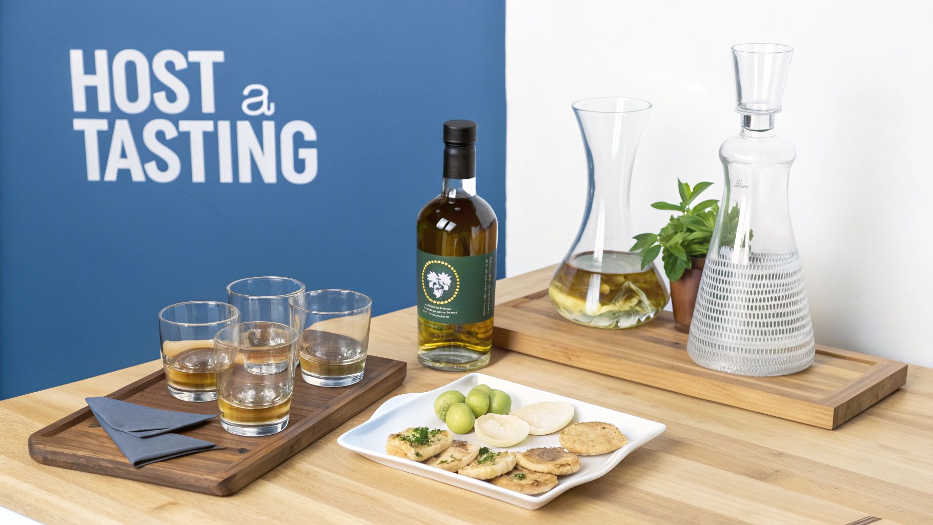 A table set for a tasting, featuring a bottle, glasses of whiskey, snacks, and carafes.