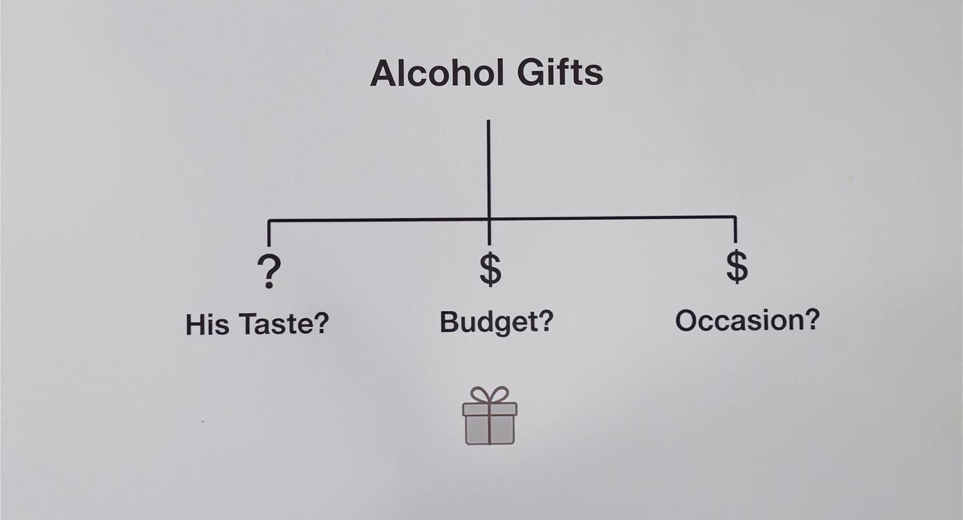 Diagram outlining factors for choosing alcohol gifts, including recipient's taste, budget, and occasion.