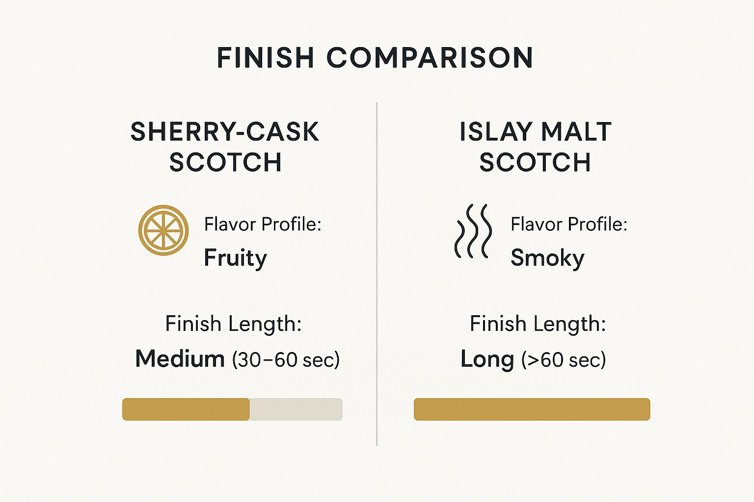 Infographic comparing Sherry-Cask and Islay Malt Scotch based on flavor profile and finish length.