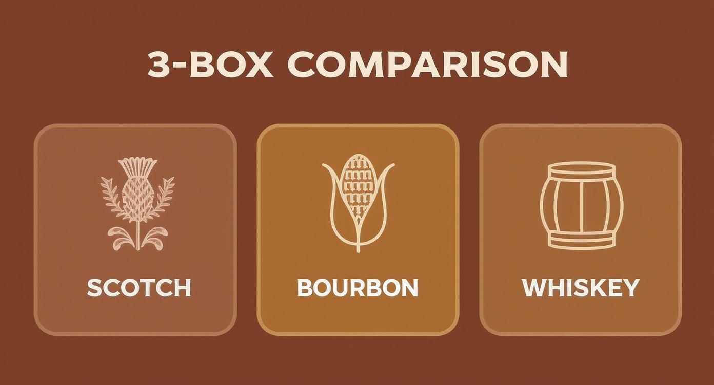 A graphic comparing Scotch, Bourbon, and Whiskey, represented by thistle, corn, and barrel icons.