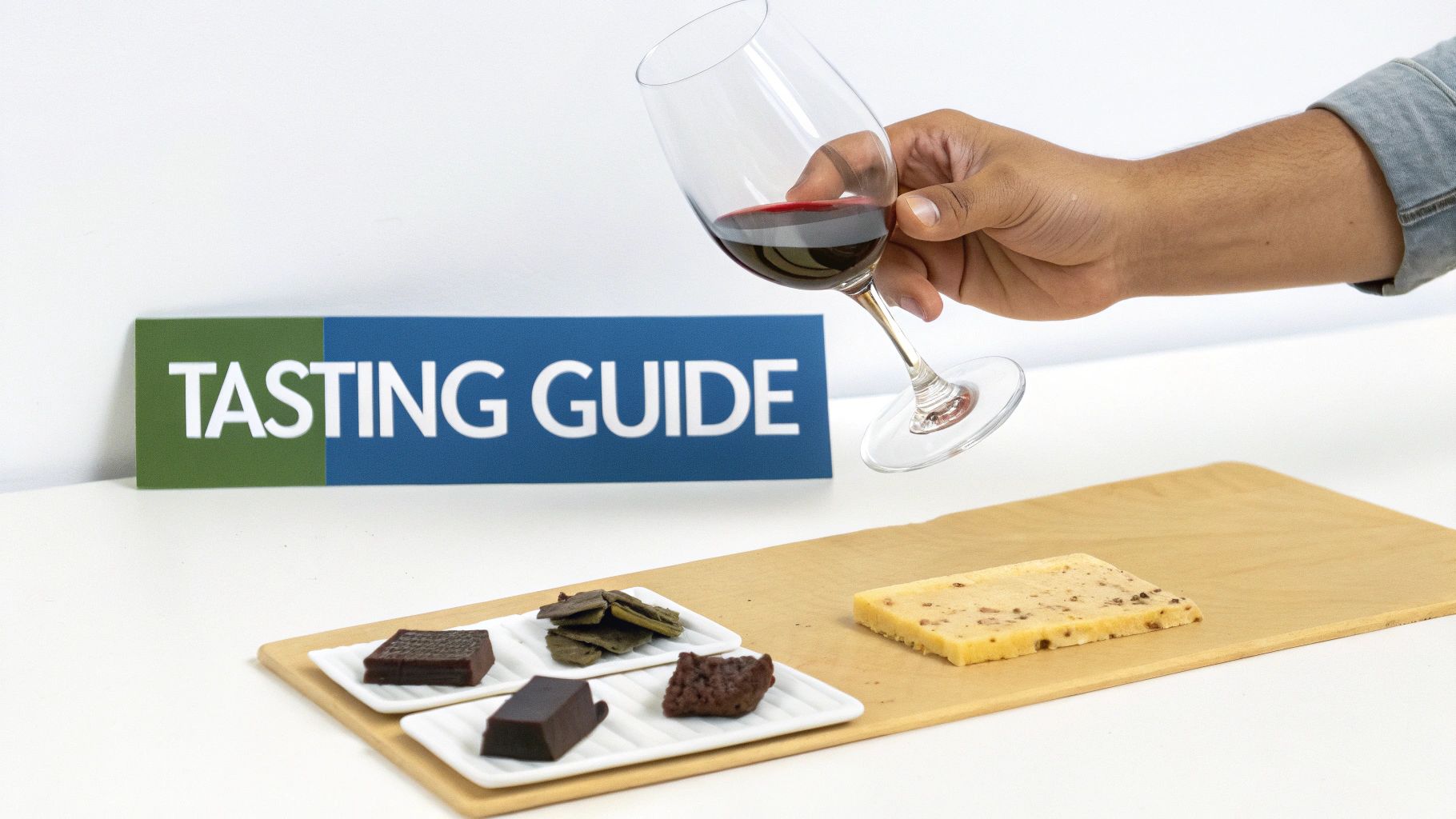 A hand holds a wine glass over a table with a tasting guide sign and various food items.