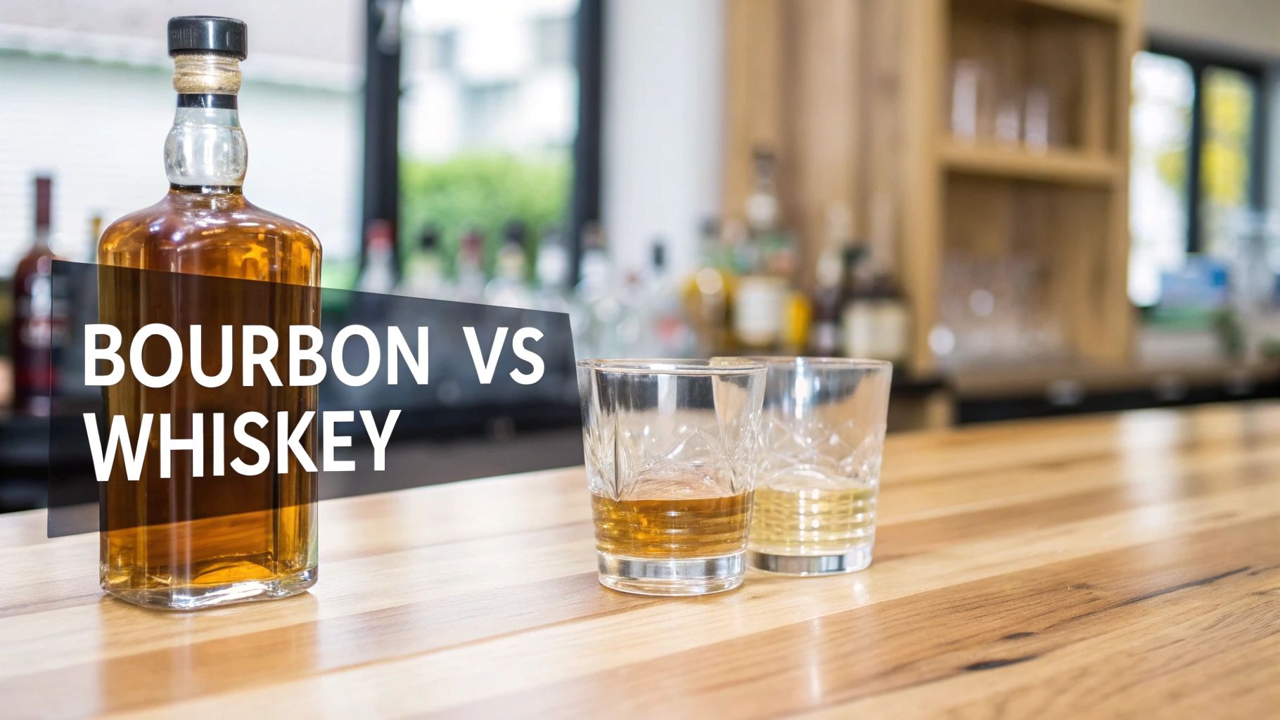 A bottle of bourbon and two glasses with whiskey on a wooden bar, with 'BOURBON VS WHISKEY' text.
