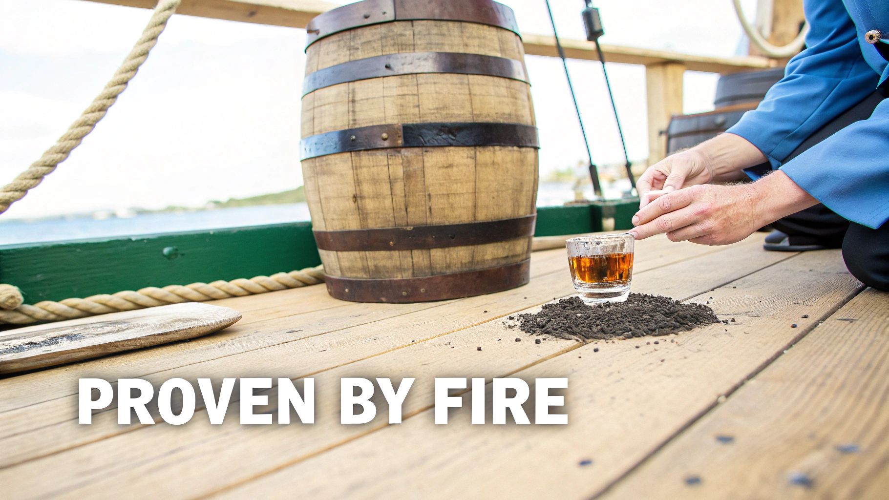 A person in a blue uniform performs an historical alcohol proof test with liquid and gunpowder on a wooden deck.