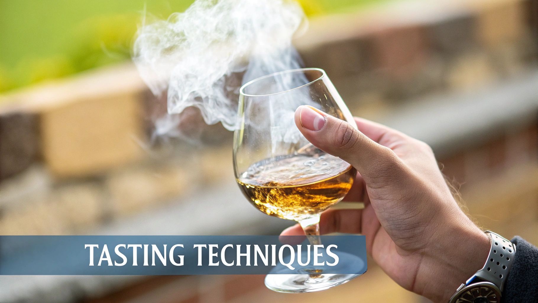 Several glasses of whiskey arranged for a tasting flight.