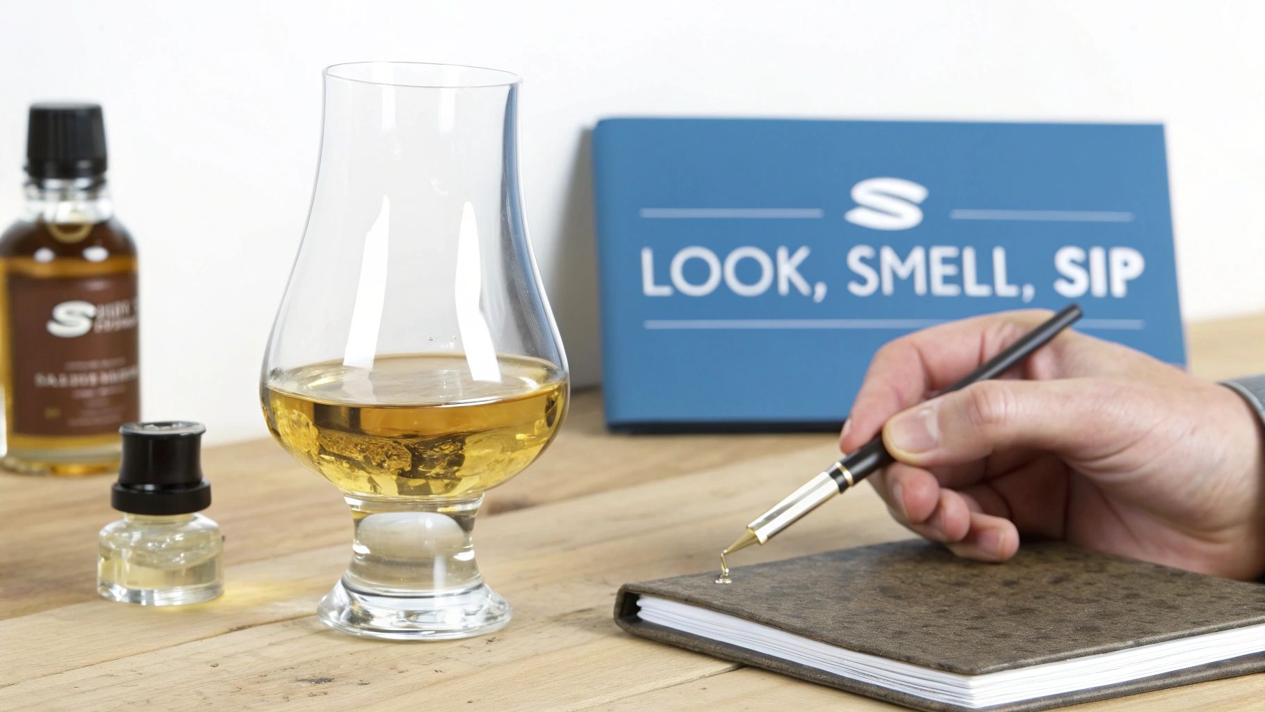 A person taking notes during a whiskey tasting, with a glass, small bottles, and a guide visible.