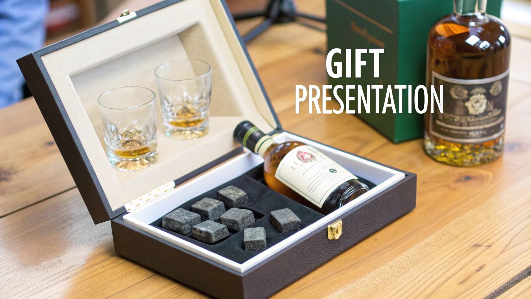 A whiskey decanter and two glasses on a stylish wooden tray, ready for a tasting.