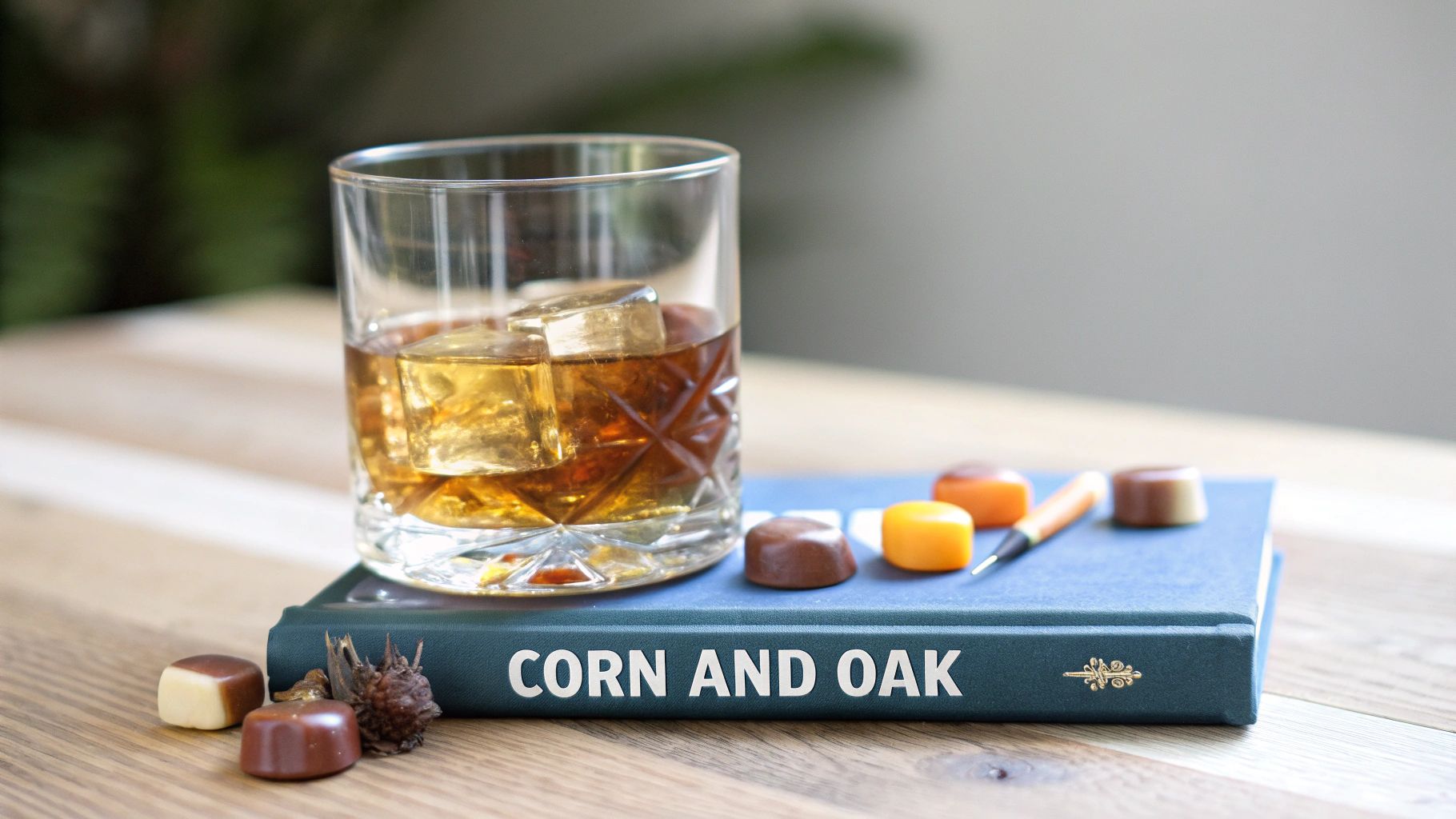 A glass of whiskey with ice rests on a blue book titled 'CORN AND OAK', surrounded by chocolates.