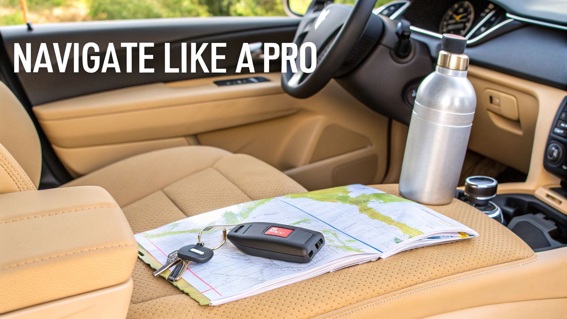 Car interior with a physical map, car keys, and a water bottle, ready for a road trip.