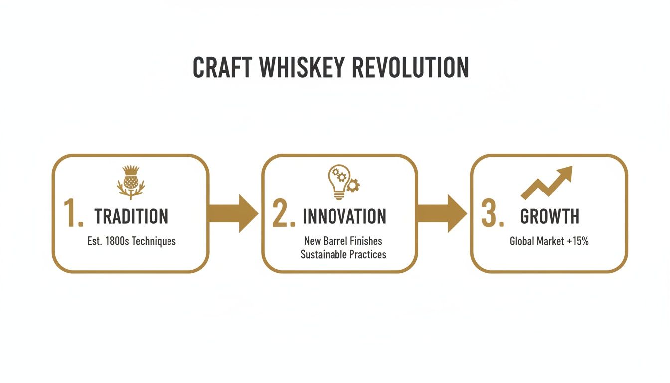 Infographic illustrating the Craft Whiskey Revolution, showing stages of Tradition, Innovation, and Market Growth.