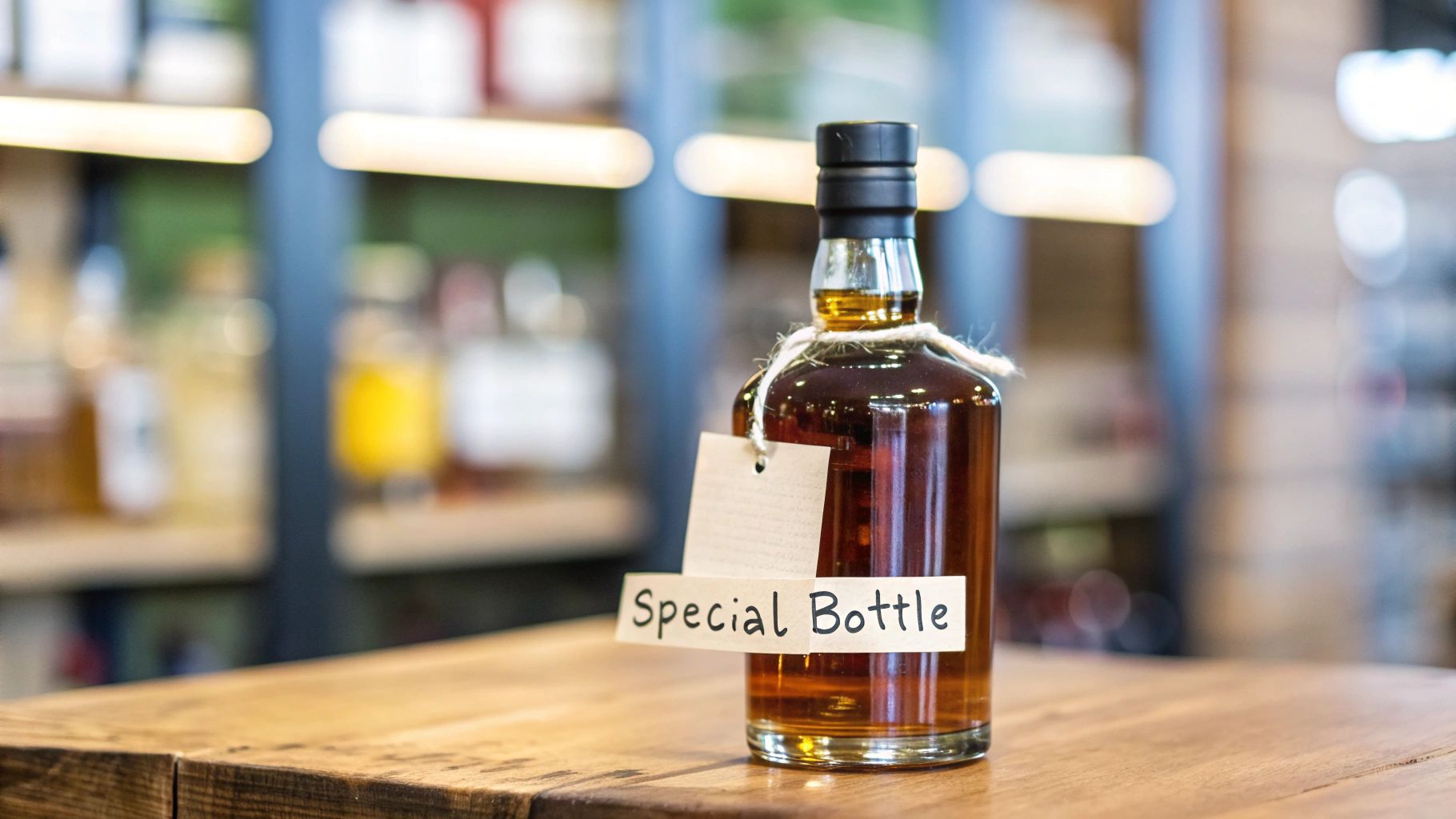 A special bottle of amber liquor with a custom tag on a rustic wooden bar counter.