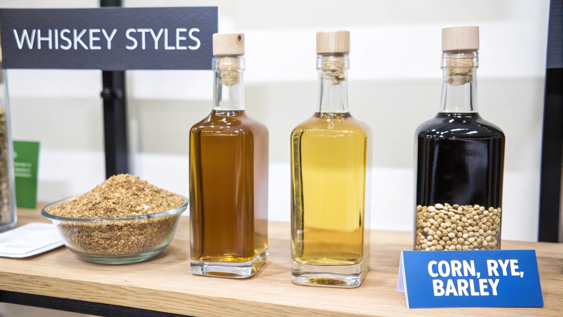 Display of three whiskey bottles showing different styles and ingredients, with a 'WHISKEY STYLES' sign.
