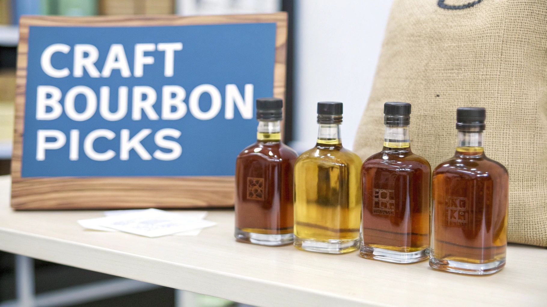Four craft bourbon bottles on a table with a "CRAFT BOURBON PICKS" sign.