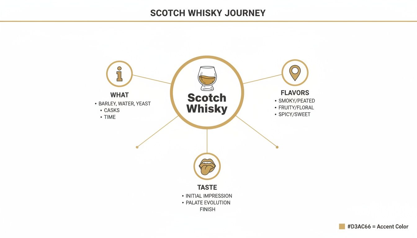 Infographic outlining the Scotch Whisky journey, detailing its ingredients, flavors, and tasting experience.