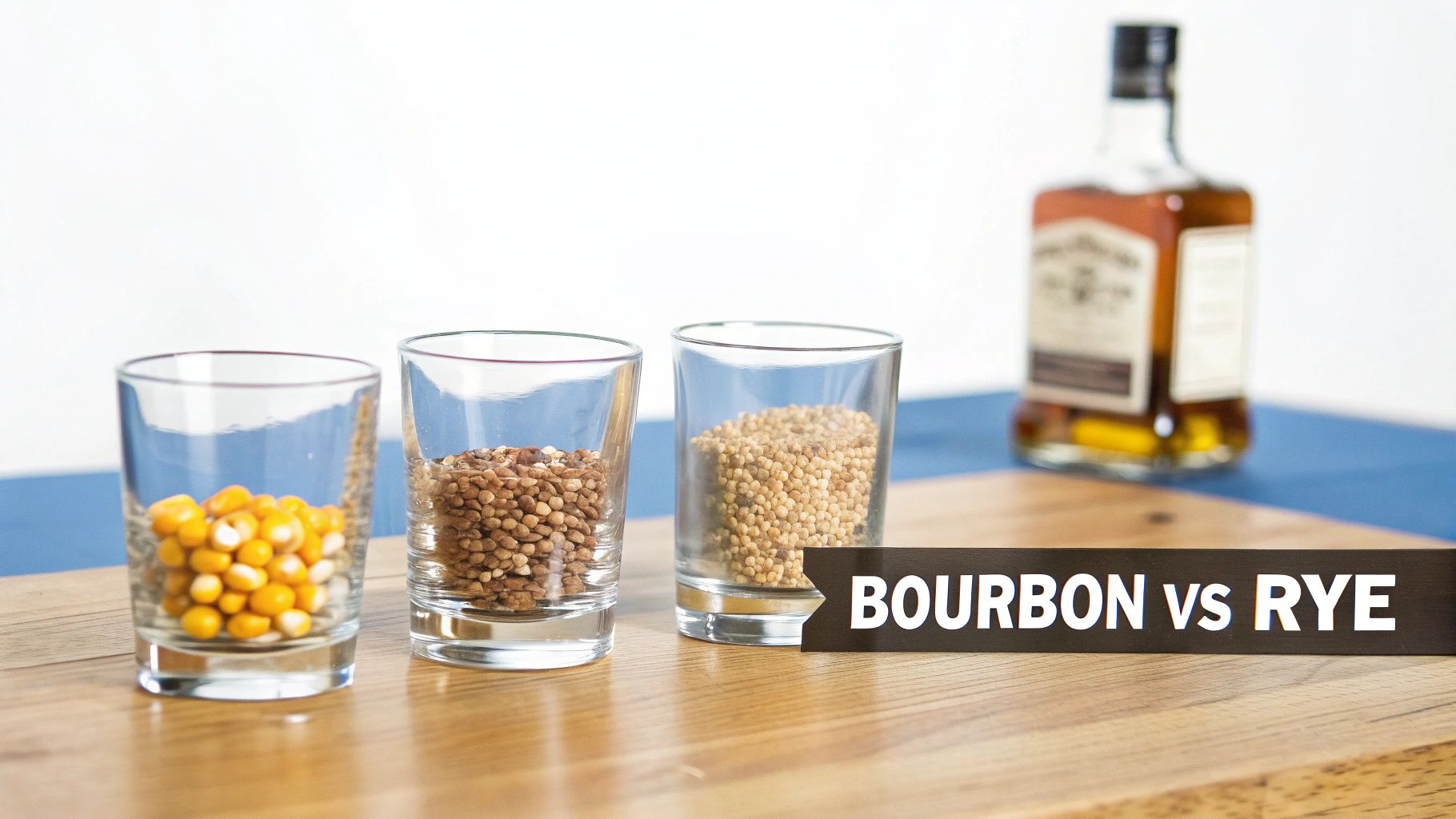 Glasses of corn, rye, and other grains with a whiskey bottle and 'Bourbon vs Rye' sign.